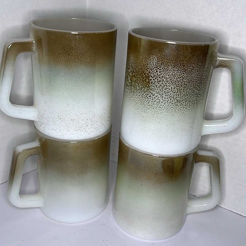 Four Federal Milk Glass Coffee Mugs - Green and Brown Ombre 12oz